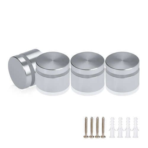 (Set of 4) 1'' Diameter X 1/2'' Barrel Length, Affordable Aluminum Standoffs, Silver Anodized Finish Standoff and (4) 2216Z Screws and (4) LANC1 Anchors for concrete/drywall (For Inside/Outside) [Required Material Hole Size: 7/16'']