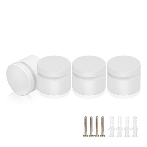 (Set of 4) 1'' Diameter X 1/2'' Barrel Length, Affordable Aluminum Standoffs, White Coated Finish Standoff and (4) 2216Z Screws and (4) LANC1 Anchors for concrete/drywall (For Inside/Outside) [Required Material Hole Size: 7/16'']