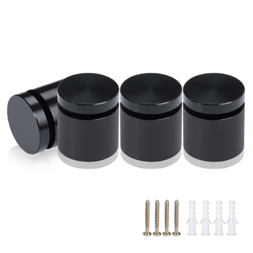 (Set of 4) 1'' Diameter X 3/4'' Barrel Length, Affordable Aluminum Standoffs, Black Anodized Finish Standoff and (4) 2216Z Screws and (4) LANC1 Anchors for concrete/drywall (For Inside/Outside) [Required Material Hole Size: 7/16'']