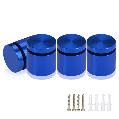 (Set of 4) 1'' Diameter X 3/4'' Barrel Length, Affordable Aluminum Standoffs, Blue Anodized Finish Standoff and (4) 2216Z Screws and (4) LANC1 Anchors for concrete/drywall (For Inside/Outside) [Required Material Hole Size: 7/16'']