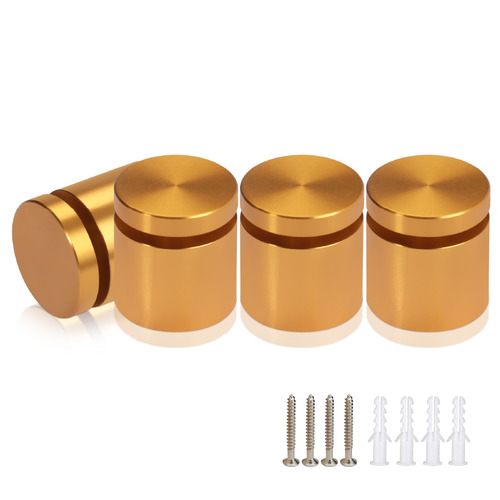 (Set of 4) 1'' Diameter X 3/4'' Barrel Length, Affordable Aluminum Standoffs, Gold Anodized Finish Standoff and (4) 2216Z Screws and (4) LANC1 Anchors for concrete/drywall (For Inside/Outside) [Required Material Hole Size: 7/16'']