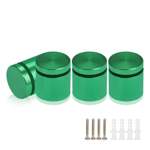 (Set of 4) 1'' Diameter X 3/4'' Barrel Length, Affordable Aluminum Standoffs, Green Anodized Finish Standoff and (4) 2216Z Screws and (4) LANC1 Anchors for concrete/drywall (For Inside/Outside) [Required Material Hole Size: 7/16'']