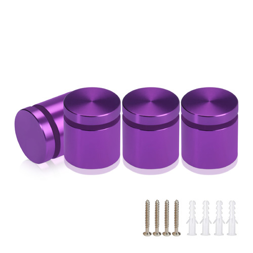 (Set of 4) 1'' Diameter X 3/4'' Barrel Length, Affordable Aluminum Standoffs, Purple Anodized Finish Standoff and (4) 2216Z Screws and (4) LANC1 Anchors for concrete/drywall (For Inside/Outside) [Required Material Hole Size: 7/16'']