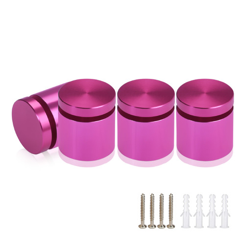 (Set of 4) 1'' Diameter X 3/4'' Barrel Length, Affordable Aluminum Standoffs, Rosy Pink Anodized Finish Standoff and (4) 2216Z Screws and (4) LANC1 Anchors for concrete/drywall (For Inside/Outside) [Required Material Hole Size: 7/16'']