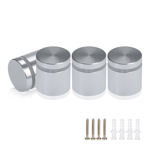 (Set of 4) 1'' Diameter X 3/4'' Barrel Length, Affordable Aluminum Standoffs, Silver Anodized Finish Standoff and (4) 2216Z Screws and (4) LANC1 Anchors for concrete/drywall (For Inside/Outside) [Required Material Hole Size: 7/16'']