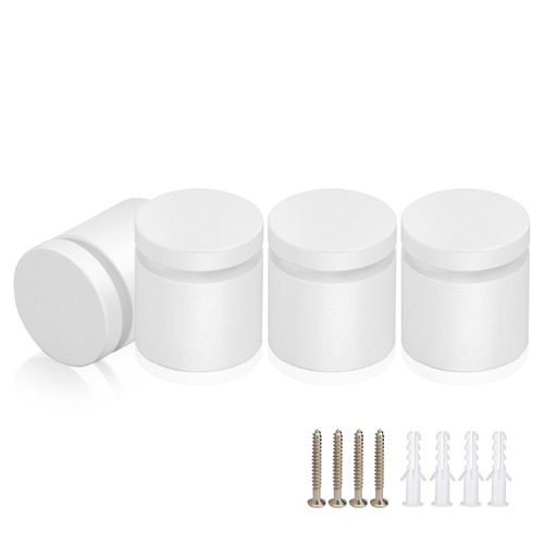 (Set of 4) 1'' Diameter X 3/4'' Barrel Length, Affordable Aluminum Standoffs, White Coated Finish Standoff and (4) 2216Z Screws and (4) LANC1 Anchors for concrete/drywall (For Inside/Outside) [Required Material Hole Size: 7/16'']