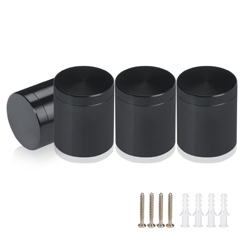 (Set of 4) 1'' Diameter X 1'' Barrel Length, Affordable Aluminum Standoffs, Black Anodized Finish Standoff and (4) 2216Z Screws and (4) LANC1 Anchors for concrete/drywall (For Inside/Outside) [Required Material Hole Size: 7/16'']