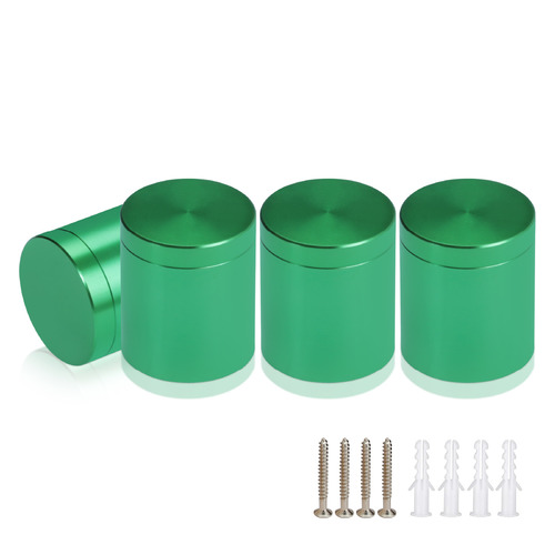 (Set of 4) 1'' Diameter X 1'' Barrel Length, Affordable Aluminum Standoffs, Green Anodized Finish Standoff and (4) 2216Z Screws and (4) LANC1 Anchors for concrete/drywall (For Inside/Outside) [Required Material Hole Size: 7/16'']