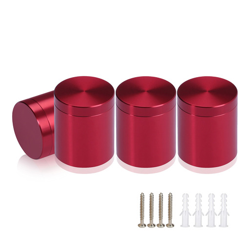 (Set of 4) 1'' Diameter X 1'' Barrel Length, Affordable Aluminum Standoffs, Cherry Red Anodized Finish Standoff and (4) 2216Z Screws and (4) LANC1 Anchors for concrete/drywall (For Inside/Outside) [Required Material Hole Size: 7/16'']