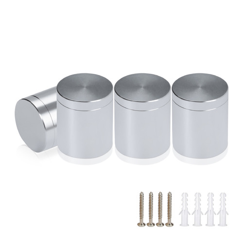 (Set of 4) 1'' Diameter X 1'' Barrel Length, Affordable Aluminum Standoffs, Silver Anodized Finish Standoff and (4) 2216Z Screws and (4) LANC1 Anchors for concrete/drywall (For Inside/Outside) [Required Material Hole Size: 7/16'']