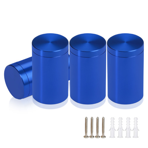 (Set of 4) 1'' Diameter X 1-1/2'' Barrel Length, Affordable Aluminum Standoffs, Blue Anodized Finish Standoff and (4) 2216Z Screws and (4) LANC1 Anchors for concrete/drywall (For Inside/Outside) [Required Material Hole Size: 7/16'']