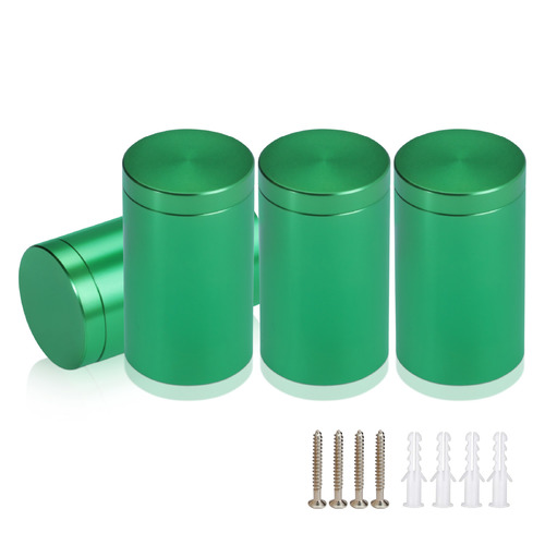 (Set of 4) 1'' Diameter X 1-1/2'' Barrel Length, Affordable Aluminum Standoffs, Green Anodized Finish Standoff and (4) 2216Z Screws and (4) LANC1 Anchors for concrete/drywall (For Inside/Outside) [Required Material Hole Size: 7/16'']