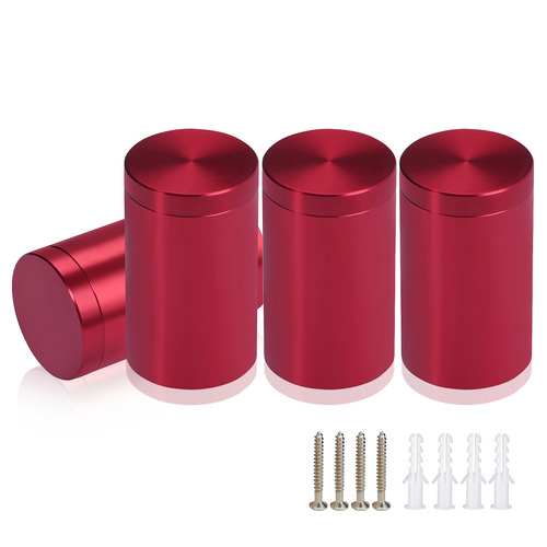 (Set of 4) 1'' Diameter X 1-1/2'' Barrel Length, Affordable Aluminum Standoffs, Cherry Red Anodized Finish Standoff and (4) 2216Z Screws and (4) LANC1 Anchors for concrete/drywall (For Inside/Outside) [Required Material Hole Size: 7/16'']