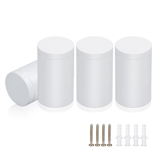 (Set of 4) 1'' Diameter X 1-1/2'' Barrel Length, Affordable Aluminum Standoffs, White Coated Finish Standoff and (4) 2216Z Screws and (4) LANC1 Anchors for concrete/drywall (For Inside/Outside) [Required Material Hole Size: 7/16'']