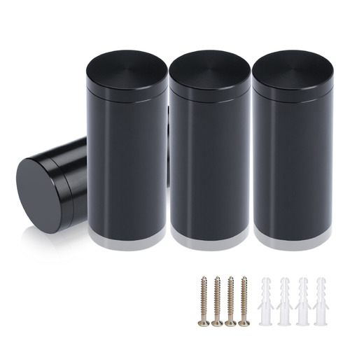 (Set of 4) 1'' Diameter X 2'' Barrel Length, Affordable Aluminum Standoffs, Black Anodized Finish Standoff and (4) 2216Z Screws and (4) LANC1 Anchors for concrete/drywall (For Inside/Outside) [Required Material Hole Size: 7/16'']