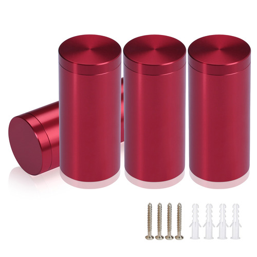 (Set of 4) 1'' Diameter X 2'' Barrel Length, Affordable Aluminum Standoffs, Cherry Red Anodized Finish Standoff and (4) 2216Z Screws and (4) LANC1 Anchors for concrete/drywall (For Inside/Outside) [Required Material Hole Size: 7/16'']