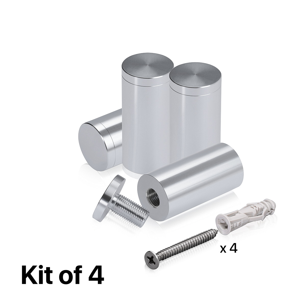 (Set of 4) 1'' Diameter X 2'' Barrel Length, Affordable Aluminum Standoffs, Silver Anodized Finish Standoff and (4) 2216Z Screws and (4) LANC1 Anchors for concrete/drywall (For Inside/Outside) [Required Material Hole Size: 7/16'']