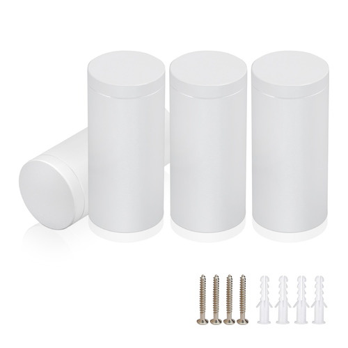 (Set of 4) 1'' Diameter X 2'' Barrel Length, Affordable Aluminum Standoffs, White Coated Finish Standoff and (4) 2216Z Screws and (4) LANC1 Anchors for concrete/drywall (For Inside/Outside) [Required Material Hole Size: 7/16'']