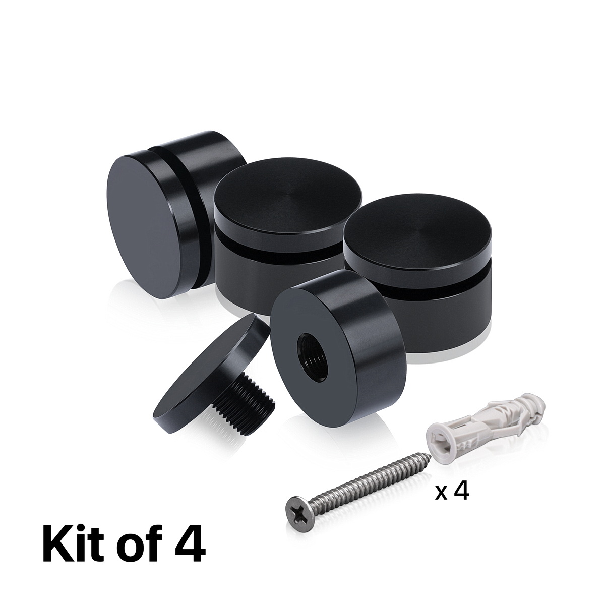 (Set of 4) 1-1/4'' Diameter X 1/2'' Barrel Length, Affordable Aluminum Standoffs, Black Anodized Finish Standoff and (4) 2216Z Screws and (4) LANC1 Anchors for concrete/drywall (For Inside/Outside) [Required Material Hole Size: 7/16'']