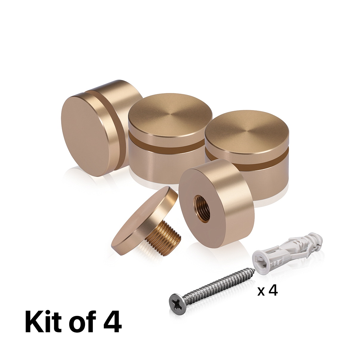 (Set of 4) 1-1/4'' Diameter X 1/2'' Barrel Length, Affordable Aluminum Standoffs, Champagne Anodized Finish Standoff and (4) 2216Z Screws and (4) LANC1 Anchors for concrete/drywall (For Inside/Outside) [Required Material Hole Size: 7/16'']