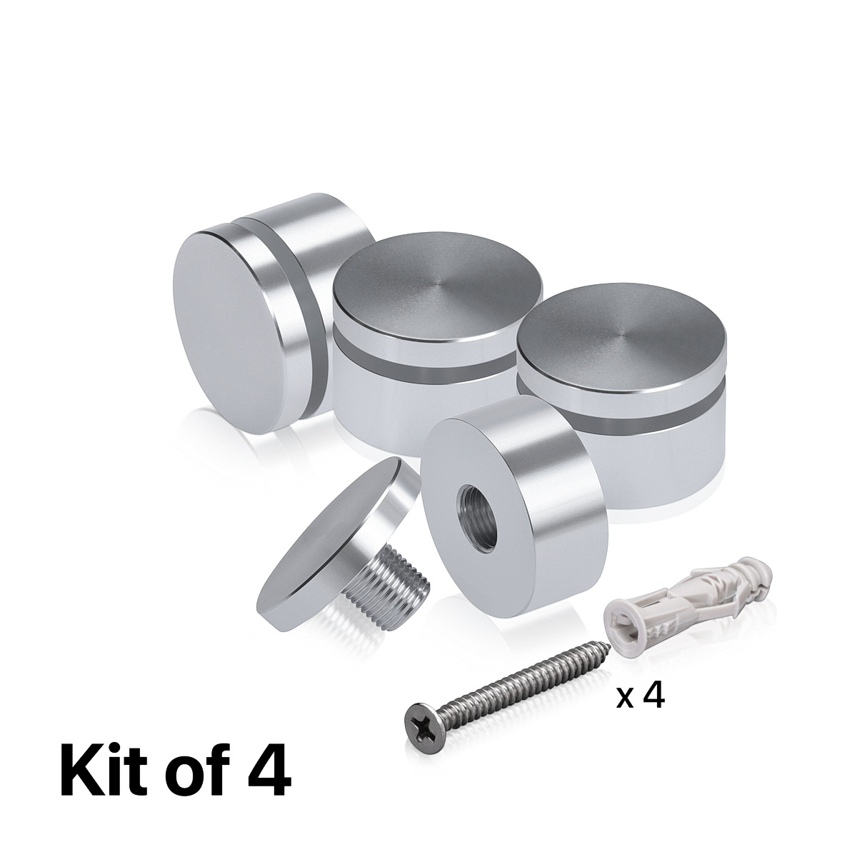 (Set of 4) 1-1/4'' Diameter X 1/2'' Barrel Length, Affordable Aluminum Standoffs, Silver Anodized Finish Standoff and (4) 2216Z Screws and (4) LANC1 Anchors for concrete/drywall (For Inside/Outside) [Required Material Hole Size: 7/16'']