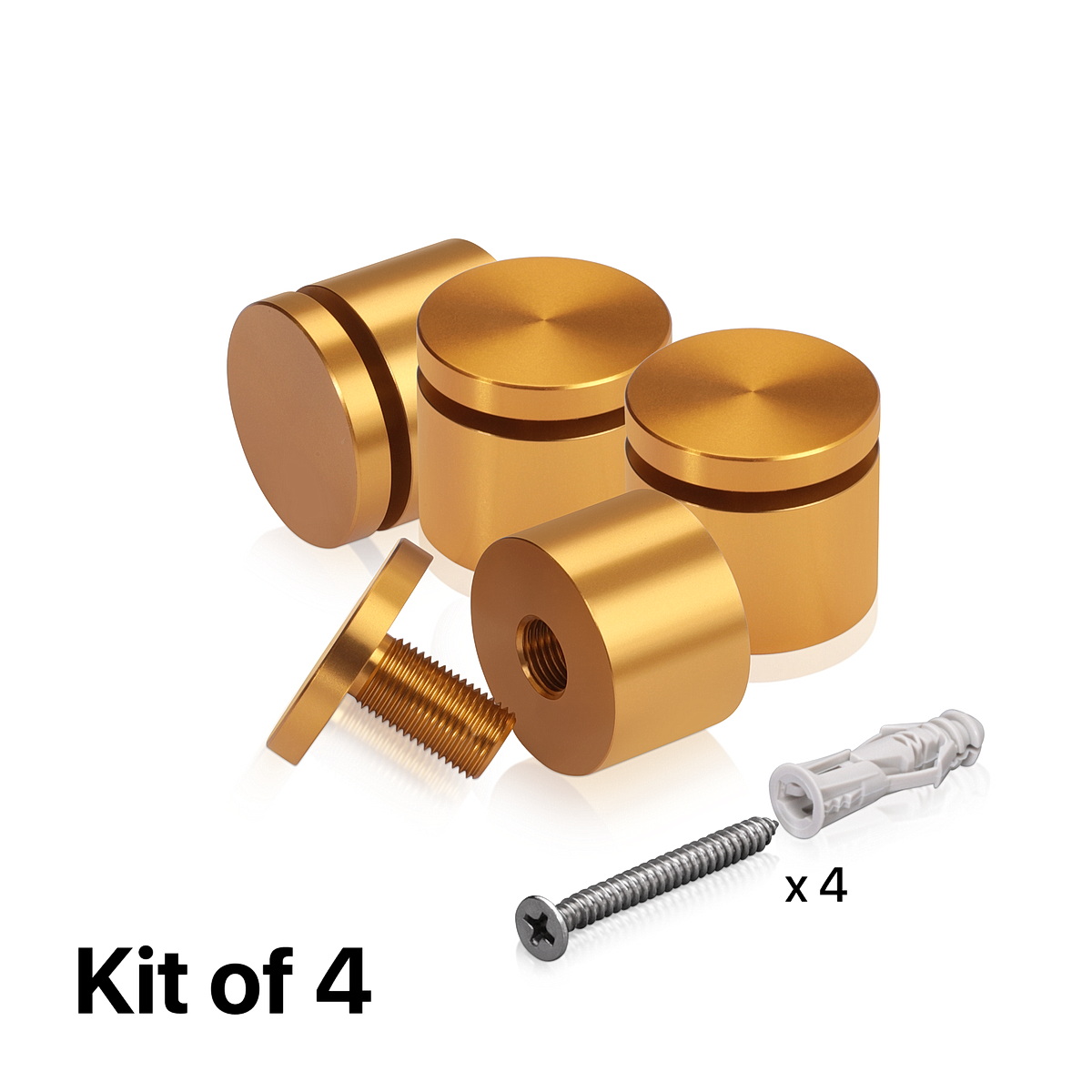 (Set of 4) 1-1/4'' Diameter X 3/4'' Barrel Length, Affordable Aluminum Standoffs, Gold Anodized Finish Standoff and (4) 2216Z Screws and (4) LANC1 Anchors for concrete/drywall (For Inside/Outside) [Required Material Hole Size: 7/16'']