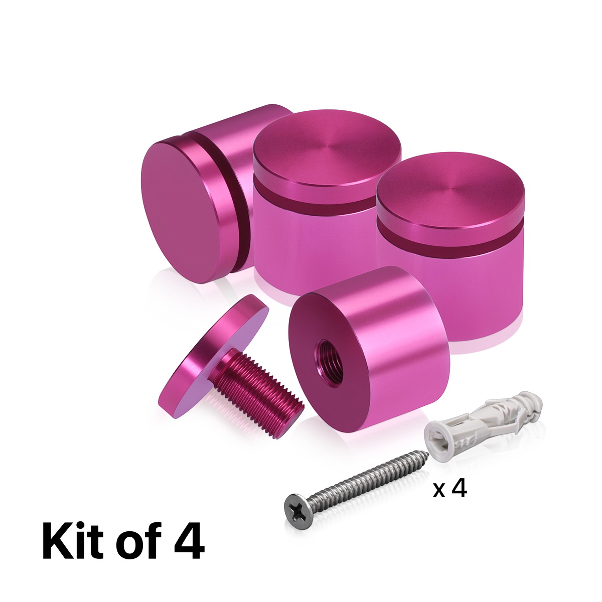 (Set of 4) 1-1/4'' Diameter X 3/4'' Barrel Length, Affordable Aluminum Standoffs, Rosy Pink Anodized Finish Standoff and (4) 2216Z Screws and (4) LANC1 Anchors for concrete/drywall (For Inside/Outside) [Required Material Hole Size: 7/16'']