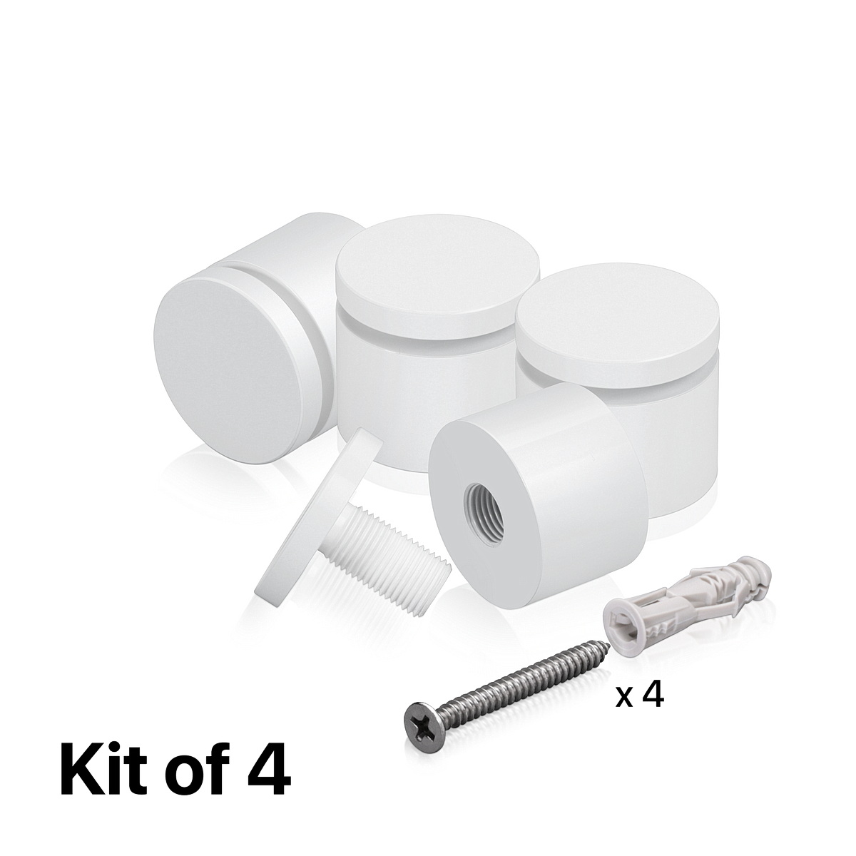 (Set of 4) 1-1/4'' Diameter X 3/4'' Barrel Length, Affordable Aluminum Standoffs, White Coated Finish Standoff and (4) 2216Z Screws and (4) LANC1 Anchors for concrete/drywall (For Inside/Outside) [Required Material Hole Size: 7/16'']