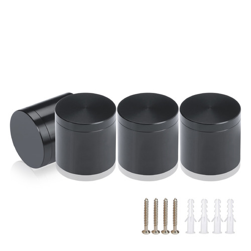 (Set of 4) 1-1/4'' Diameter X 1'' Barrel Length, Affordable Aluminum Standoffs, Black Anodized Finish Standoff and (4) 2216Z Screws and (4) LANC1 Anchors for concrete/drywall (For Inside/Outside) [Required Material Hole Size: 7/16'']