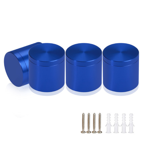 (Set of 4) 1-1/4'' Diameter X 1'' Barrel Length, Affordable Aluminum Standoffs, Blue Anodized Finish Standoff and (4) 2216Z Screws and (4) LANC1 Anchors for concrete/drywall (For Inside/Outside) [Required Material Hole Size: 7/16'']