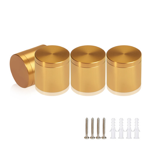 (Set of 4) 1-1/4'' Diameter X 1'' Barrel Length, Affordable Aluminum Standoffs, Gold Anodized Finish Standoff and (4) 2216Z Screws and (4) LANC1 Anchors for concrete/drywall (For Inside/Outside) [Required Material Hole Size: 7/16'']