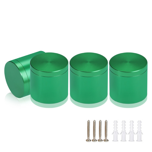 (Set of 4) 1-1/4'' Diameter X 1'' Barrel Length, Affordable Aluminum Standoffs, Green Anodized Finish Standoff and (4) 2216Z Screws and (4) LANC1 Anchors for concrete/drywall (For Inside/Outside) [Required Material Hole Size: 7/16'']