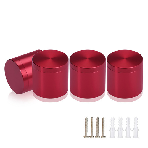 (Set of 4) 1-1/4'' Diameter X 1'' Barrel Length, Affordable Aluminum Standoffs, Cherry Red Anodized Finish Standoff and (4) 2216Z Screws and (4) LANC1 Anchors for concrete/drywall (For Inside/Outside) [Required Material Hole Size: 7/16'']