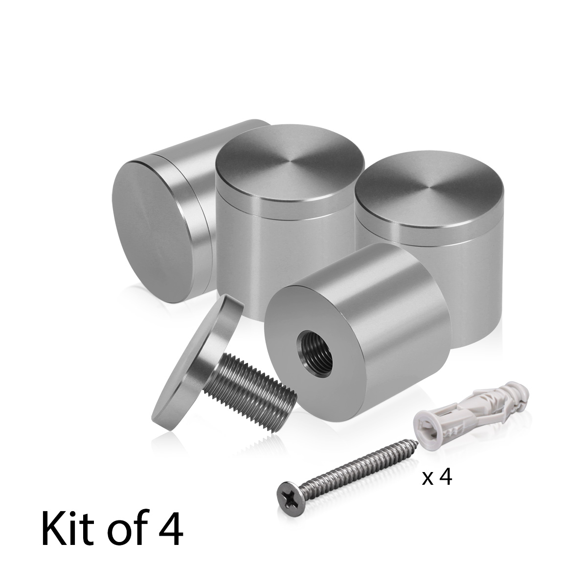 (Set of 4) 1-1/4'' Diameter X 1'' Barrel Length, Affordable Aluminum Standoffs, Steel Grey Anodized Finish Standoff and (4) 2216Z Screws and (4) LANC1 Anchors for concrete/drywall (For Inside/Outside) [Required Material Hole Size: 7/16'']