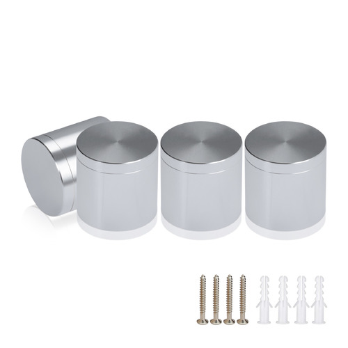 (Set of 4) 1-1/4'' Diameter X 1'' Barrel Length, Affordable Aluminum Standoffs, Silver Anodized Finish Standoff and (4) 2216Z Screws and (4) LANC1 Anchors for concrete/drywall (For Inside/Outside) [Required Material Hole Size: 7/16'']