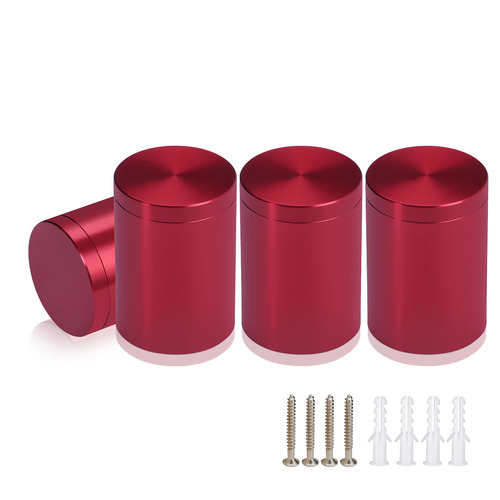 (Set of 4) 1-1/4'' Diameter X 1-1/2'' Barrel Length, Affordable Aluminum Standoffs, Cherry Red Anodized Finish Standoff and (4) 2216Z Screws and (4) LANC1 Anchors for concrete/drywall (For Inside/Outside) [Required Material Hole Size: 7/16'']