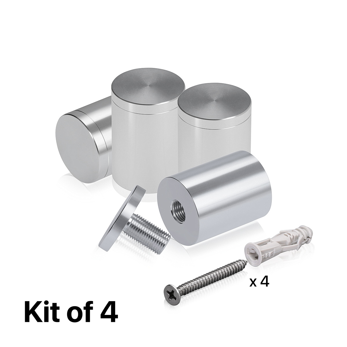 (Set of 4) 1-1/4'' Diameter X 1-1/2'' Barrel Length, Affordable Aluminum Standoffs, Silver Anodized Finish Standoff and (4) 2216Z Screws and (4) LANC1 Anchors for concrete/drywall (For Inside/Outside) [Required Material Hole Size: 7/16'']