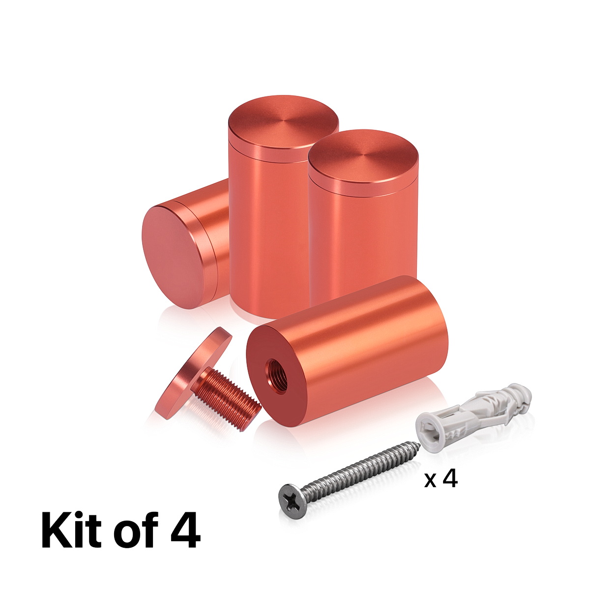 (Set of 4) 1-1/4'' Diameter X 2'' Barrel Length, Affordable Aluminum Standoffs, Copper Anodized Finish Standoff and (4) 2216Z Screws and (4) LANC1 Anchors for concrete/drywall (For Inside/Outside) [Required Material Hole Size: 7/16'']