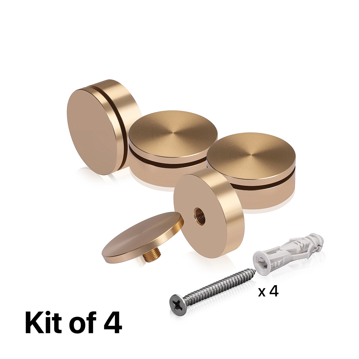 (Set of 4) 2'' Diameter X 1/2'' Barrel Length, Affordable Aluminum Standoffs, Champagne Anodized Finish Standoff and (4) 2216Z Screws and (4) LANC1 Anchors for concrete/drywall (For Inside/Outside) [Required Material Hole Size: 7/16'']
