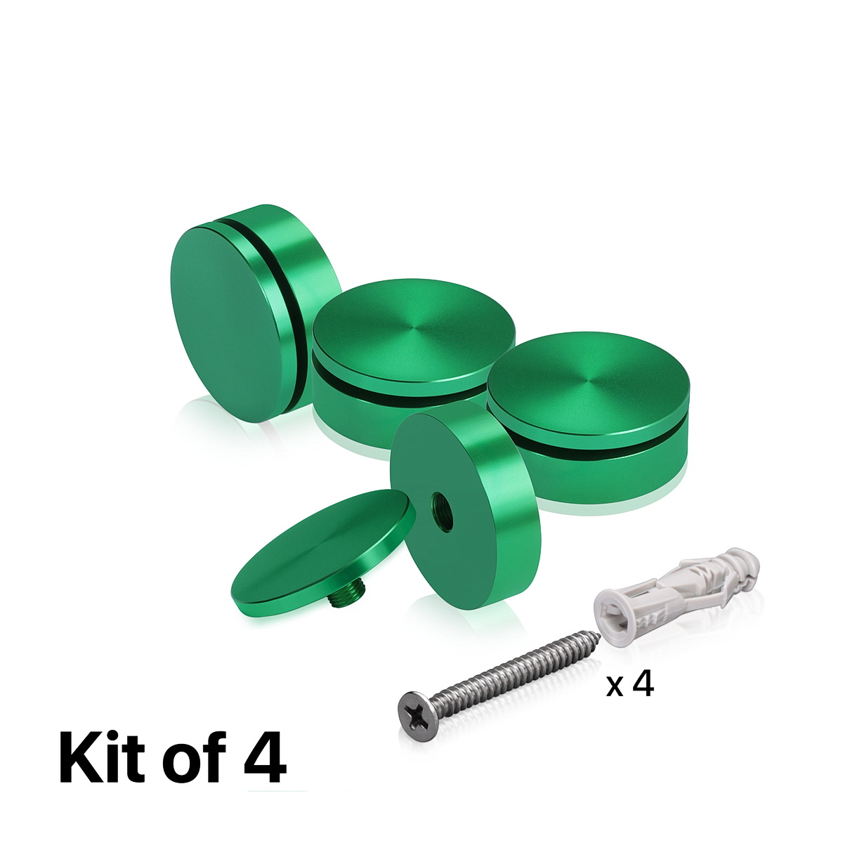 (Set of 4) 2'' Diameter X 1/2'' Barrel Length, Affordable Aluminum Standoffs, Green Anodized Finish Standoff and (4) 2216Z Screws and (4) LANC1 Anchors for concrete/drywall (For Inside/Outside) [Required Material Hole Size: 7/16'']