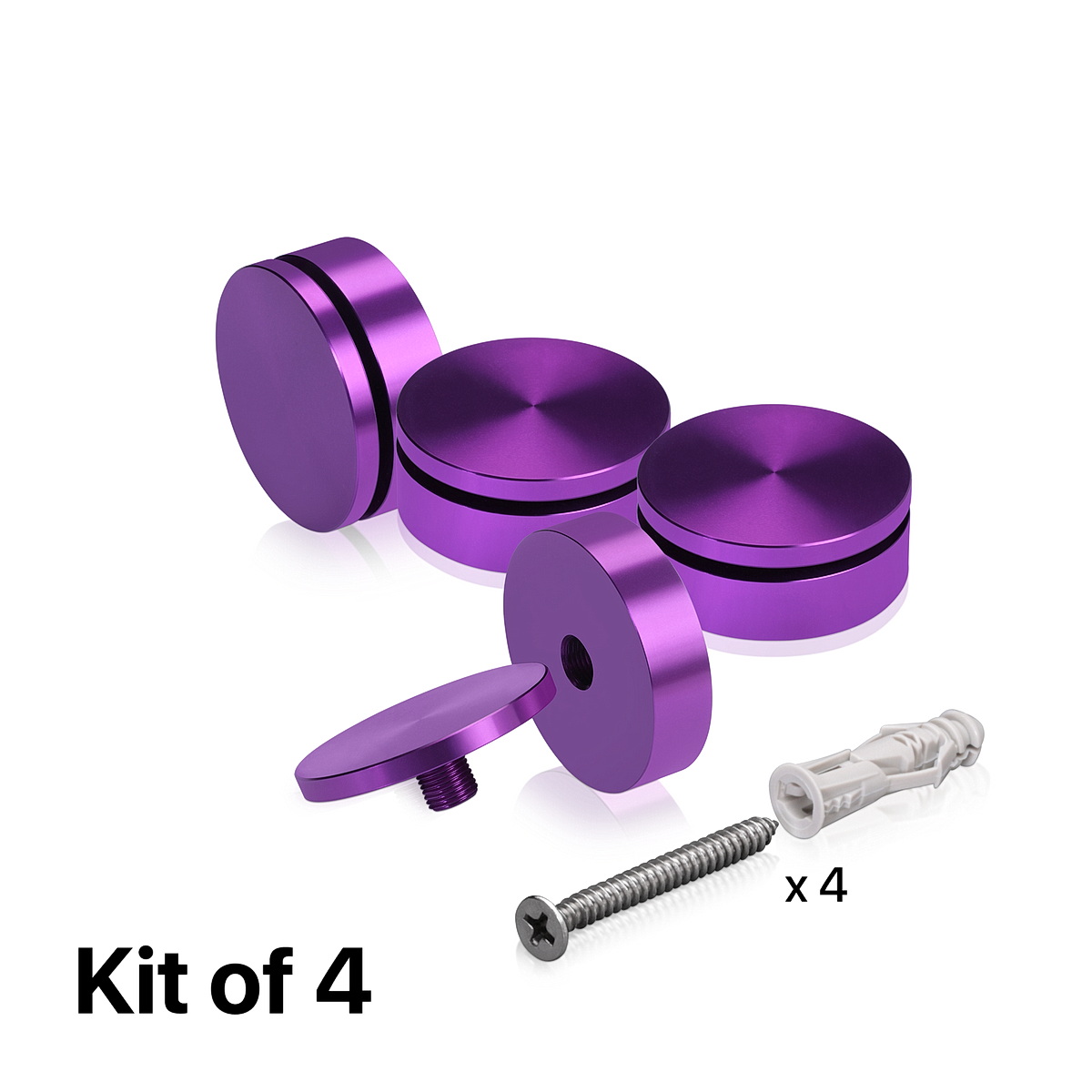 (Set of 4) 2'' Diameter X 1/2'' Barrel Length, Affordable Aluminum Standoffs, Purple Anodized Finish Standoff and (4) 2216Z Screws and (4) LANC1 Anchors for concrete/drywall (For Inside/Outside) [Required Material Hole Size: 7/16'']