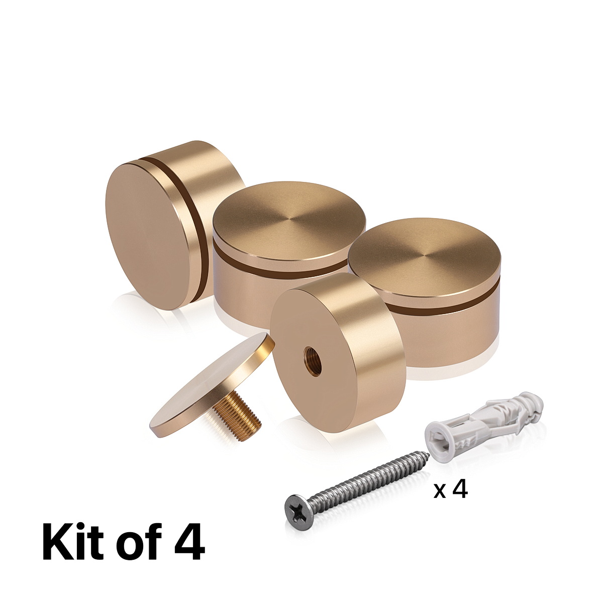 (Set of 4) 2'' Diameter X 3/4'' Barrel Length, Affordable Aluminum Standoffs, Champagne Anodized Finish Standoff and (4) 2216Z Screws and (4) LANC1 Anchors for concrete/drywall (For Inside/Outside) [Required Material Hole Size: 7/16'']