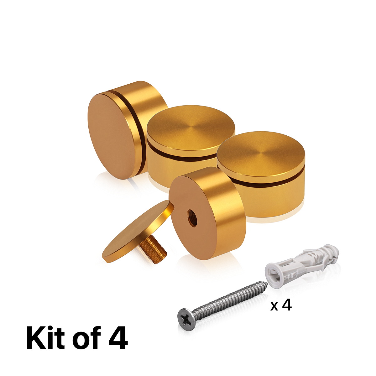 (Set of 4) 2'' Diameter X 3/4'' Barrel Length, Affordable Aluminum Standoffs, Gold Anodized Finish Standoff and (4) 2216Z Screws and (4) LANC1 Anchors for concrete/drywall (For Inside/Outside) [Required Material Hole Size: 7/16'']