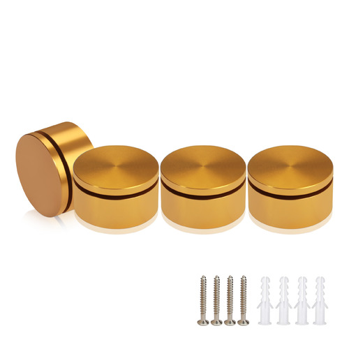 (Set of 4) 2'' Diameter X 3/4'' Barrel Length, Affordable Aluminum Standoffs, Gold Anodized Finish Standoff and (4) 2216Z Screws and (4) LANC1 Anchors for concrete/drywall (For Inside/Outside) [Required Material Hole Size: 7/16'']