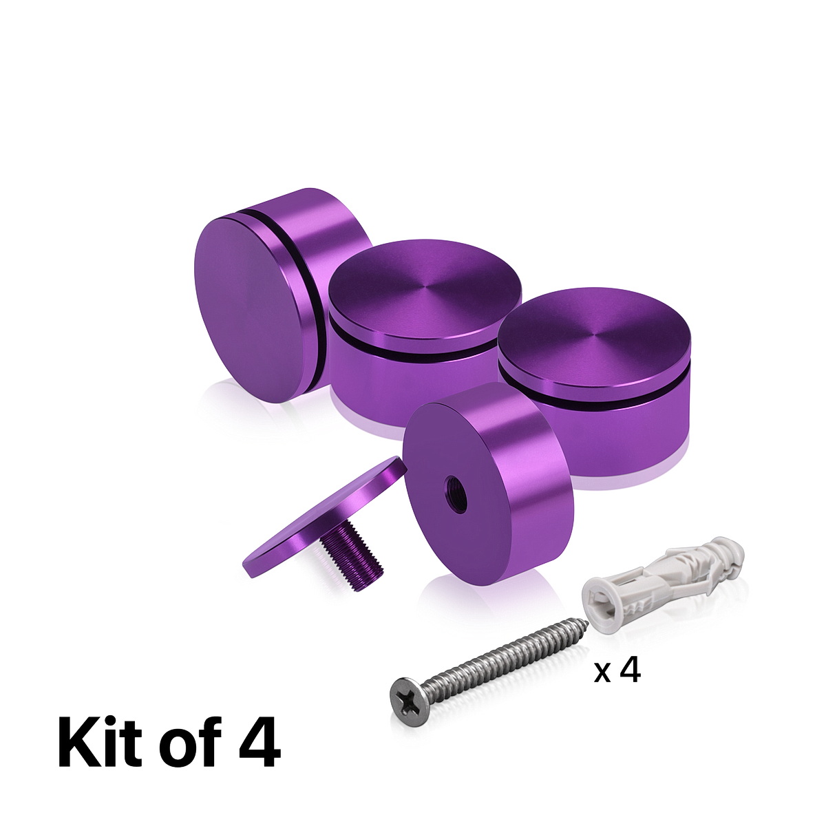 (Set of 4) 2'' Diameter X 3/4'' Barrel Length, Affordable Aluminum Standoffs, Purple Anodized Finish Standoff and (4) 2216Z Screws and (4) LANC1 Anchors for concrete/drywall (For Inside/Outside) [Required Material Hole Size: 7/16'']