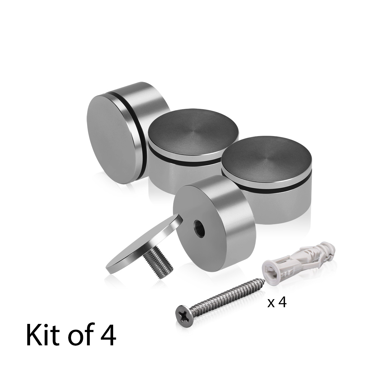 (Set of 4) 2'' Diameter X 3/4'' Barrel Length, Affordable Aluminum Standoffs, Steel Grey Anodized Finish Standoff and (4) 2216Z Screws and (4) LANC1 Anchors for concrete/drywall (For Inside/Outside) [Required Material Hole Size: 7/16'']