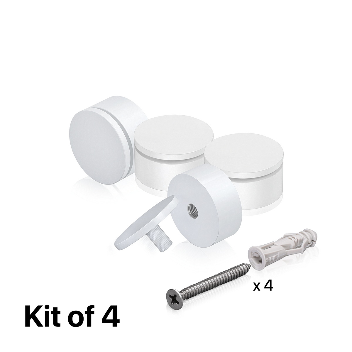 (Set of 4) 2'' Diameter X 3/4'' Barrel Length, Affordable Aluminum Standoffs, White Coated Finish Standoff and (4) 2216Z Screws and (4) LANC1 Anchors for concrete/drywall (For Inside/Outside) [Required Material Hole Size: 7/16'']