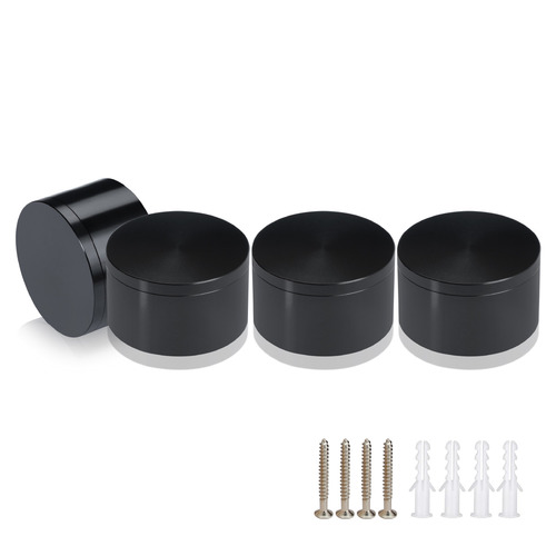 (Set of 4) 2'' Diameter X 1'' Barrel Length, Affordable Aluminum Standoffs, Black Anodized Finish Standoff and (4) 2216Z Screws and (4) LANC1 Anchors for concrete/drywall (For Inside/Outside) [Required Material Hole Size: 7/16'']