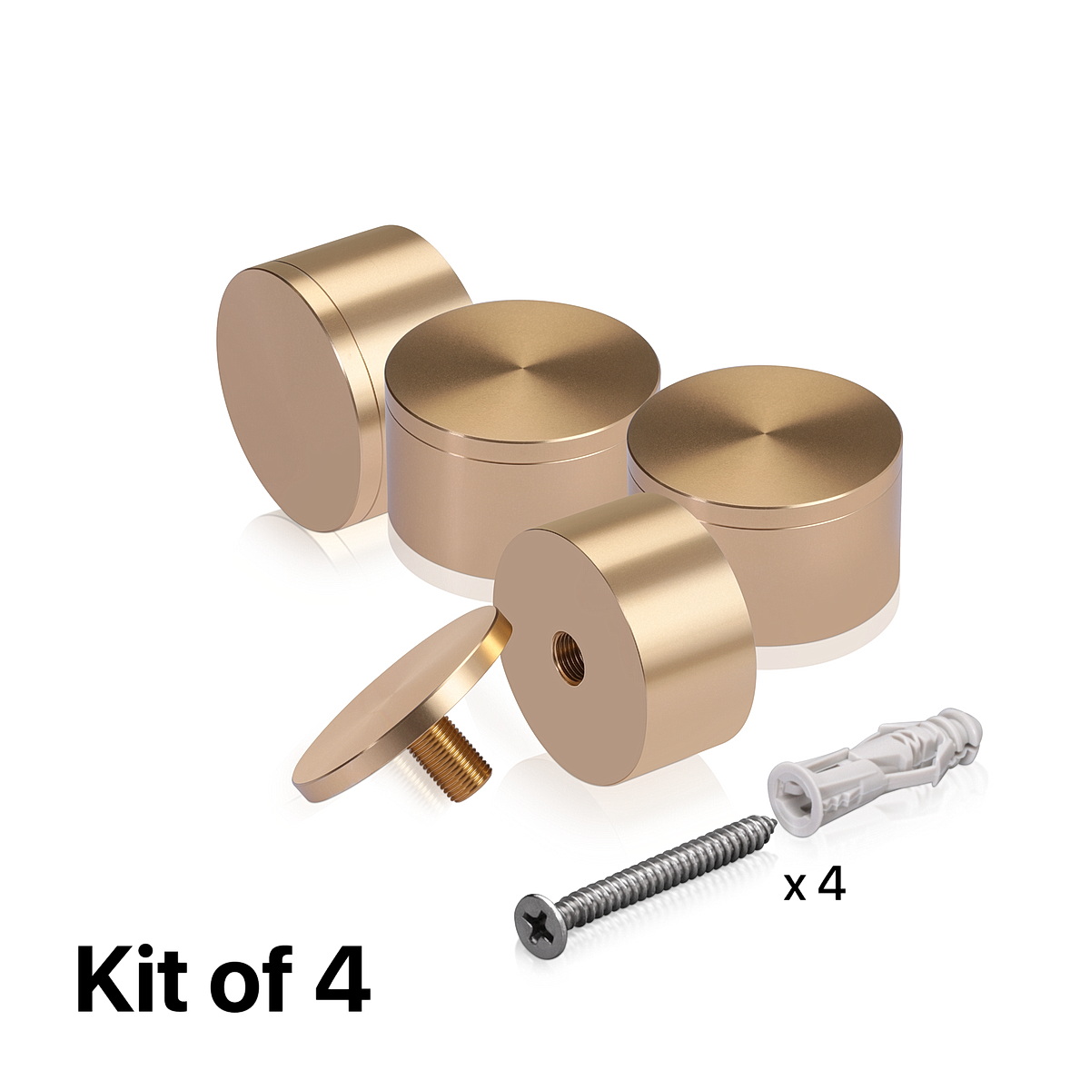 (Set of 4) 2'' Diameter X 1'' Barrel Length, Affordable Aluminum Standoffs, Champagne Anodized Finish Standoff and (4) 2216Z Screws and (4) LANC1 Anchors for concrete/drywall (For Inside/Outside) [Required Material Hole Size: 7/16'']