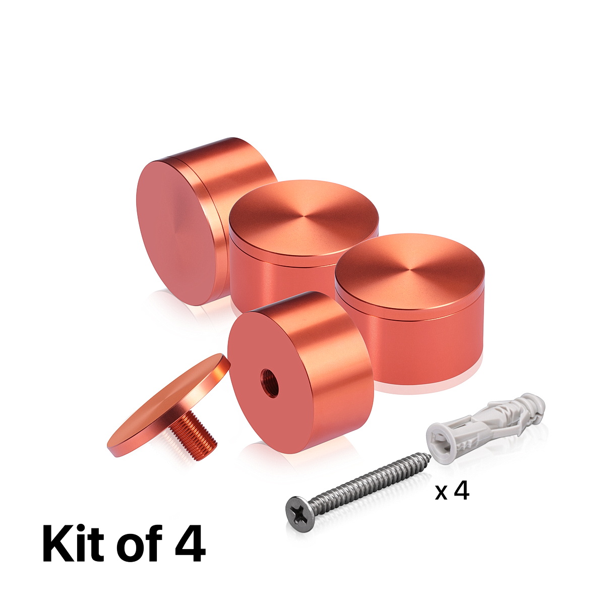 (Set of 4) 2'' Diameter X 1'' Barrel Length, Affordable Aluminum Standoffs, Copper Anodized Finish Standoff and (4) 2216Z Screws and (4) LANC1 Anchors for concrete/drywall (For Inside/Outside) [Required Material Hole Size: 7/16'']
